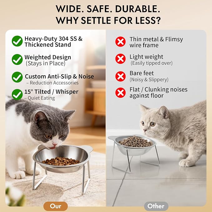 15° Tilted Elevated Cat Bowl - Silent Stainless Steel Raised Cat Dish with 1M DIY Noise-Canceling Strip - Anti-Vomiting & Neck Protection - 304 Food Grade Metal Cat Bowl, Dishwasher Safe