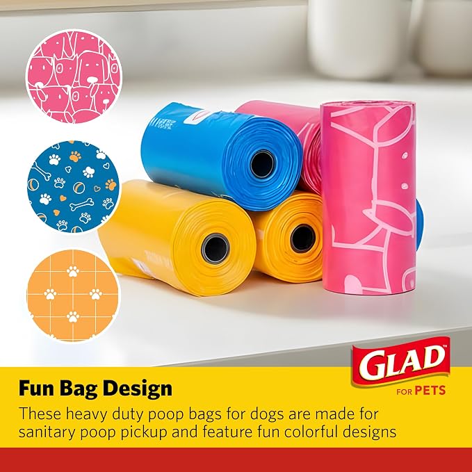 Glad for Pets Scented Dog Waste Bags, Tear-Resistant Pet Poop Pick-up Bags with Leak Protection, Lemon Fresh Scent, Fun Multicolor Bag Designs, 6 Rolls, 90 Bags Total