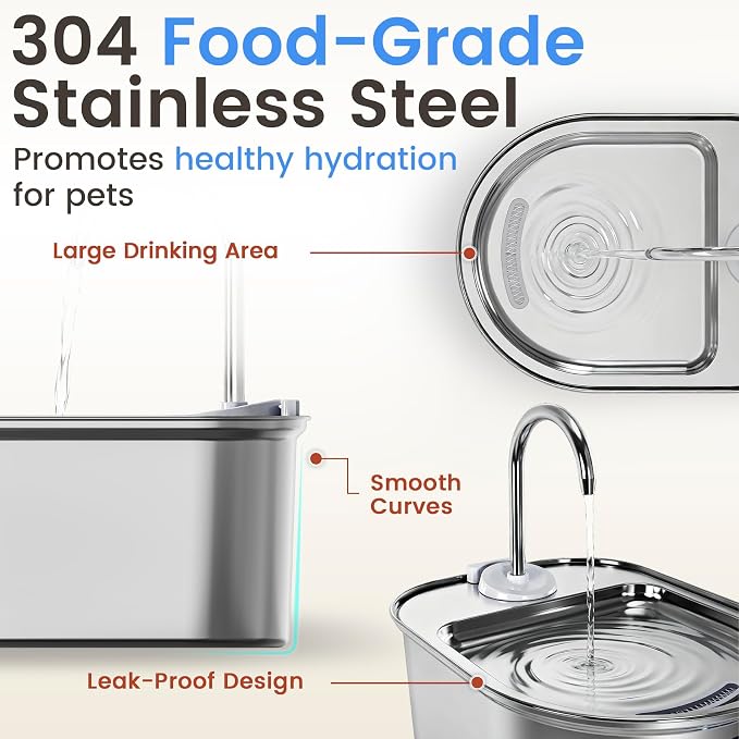 Stainless Steel Cat Water Fountain, 108oz/3.2L Automatic Pet Water Dispenser with Ultra-Quiet Pump, Safe Auto Shut-Off & Water Level Window for Cats and Dogs Indoors - Includes 1 Filter