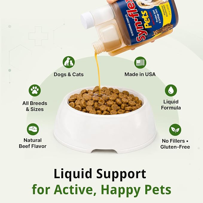 Synflex Concentrated 8oz Joint Supplement Bottle | Glucosamine Chondroitin Liquid for Dogs & Cats | Boswellin Yucca Manganese | Beef Flavor | Made in USA for Daily Pet Mobility Wellness Use Plan