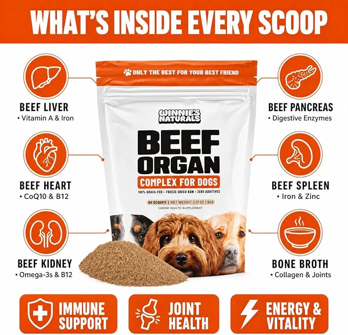 Winnies Naturals Beef Organ Complex Supplement for Dogs, Grass Fed Beef Organs Meal Topper, Dog Multivitamin, Dog Joint Health Supplement Support, Raw Food Supplement for Dogs, 90 Servings