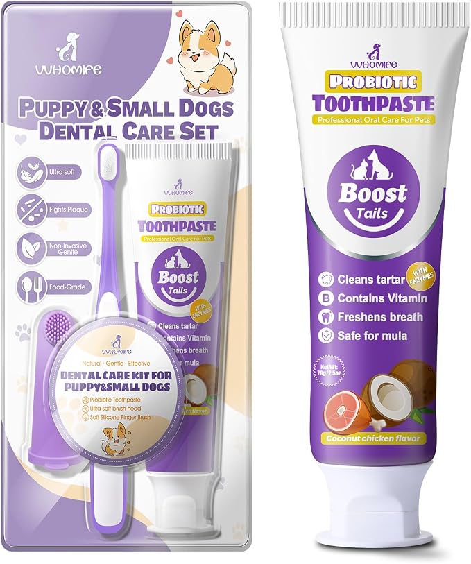 Vet Recommended Small Dog Teeth Brushing Kit 2.52oz + Natural Coconut Oil Dog & Cat Toothpaste for Fresh Breath 3.52oz