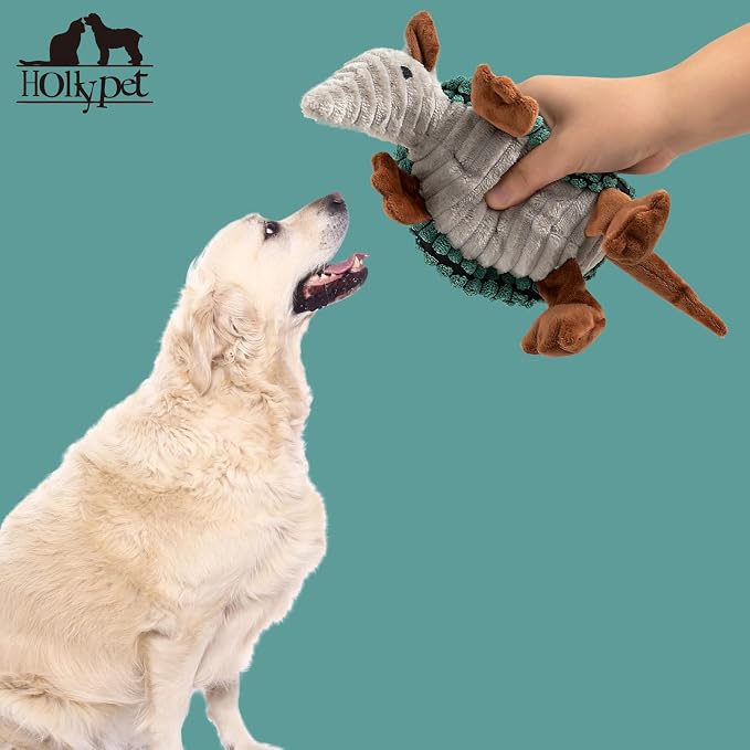 Hollypet Armadillo Squeaky Puppy Dog Toys for Small Medium Dogs, 8" | plush stuffed small dog squeak animal toy with unique grunt squeaker textured fabric for teeth cleaning toys
