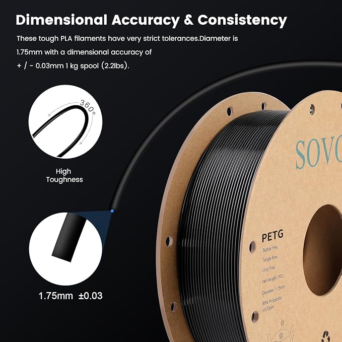 Sovol 3D Printer PETG Filament 2kg (4.4 lbs) Spool Printing Materials, Wiring Tightness, Dimensional Accuracy +/- 0.03 mm, 1.75 mm, Black + White