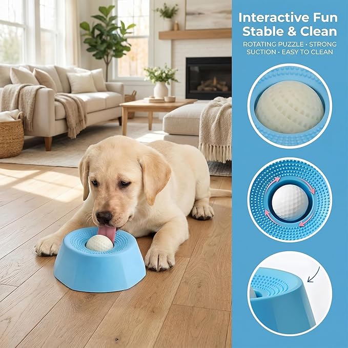 Dogs & Cats Lick Bowl Slow Feeder, Dog & Cat Enrichment Toy with Rotating Treat Ball, Strong Suction Base, Easy to Clean Interactive Puzzle Feeder for Anxiety Relief, Slow Eating & Mental Stimulation