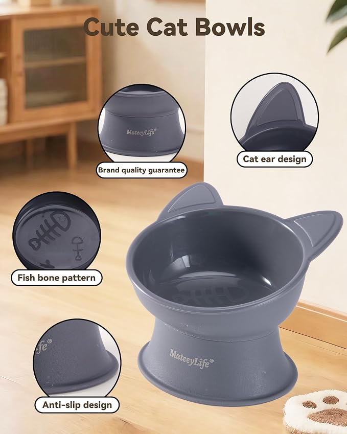 MateeyLife Elevated Cat Bowls, 2P Raised Food and Water Bowl Set for Indoor Cats & Small Dogs, Whisker Fatigue Cat Bowl, Anti Vomit Feeding Pet Bowls, 6 oz Each, Dishwasher Safe - White & Grey