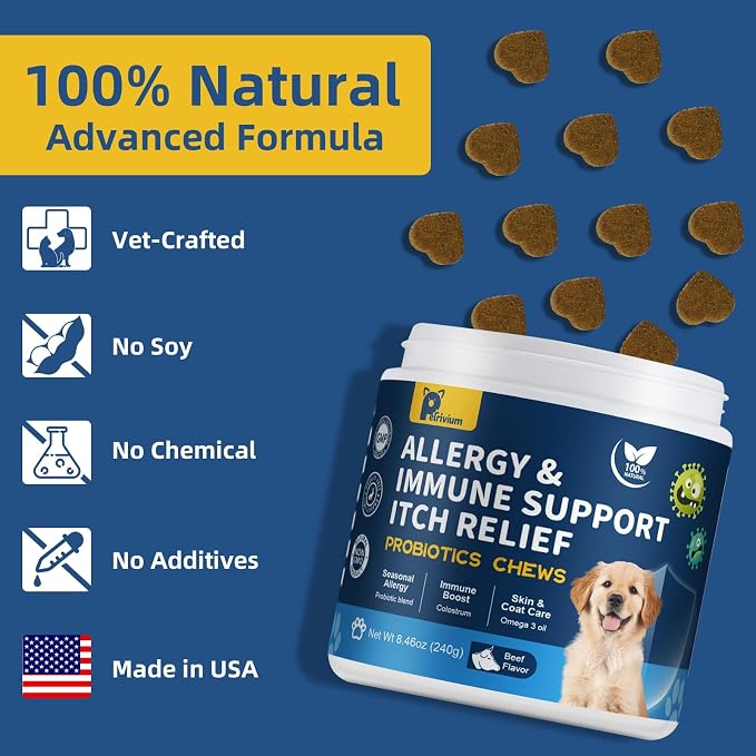 Dog Allergy Relief Chews, Helps Relieve Itchy Skin, Paw Licking & Ear Irritation, Dog Allergy Supplement with Probiotics for Skin & Immune Support, Colostrum & Fish Oil/Beef Flavor(Tan)
