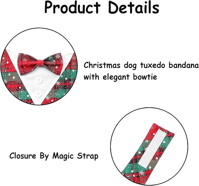 Adjustable Red Plaid Christmas Dog Tuxedo Bandana with Bow Tie, Small, XS, Red
