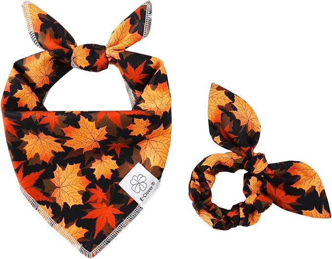 E-Clover Fall Dog Bandana & Scrunchie Set, Large-set of 1, Medium