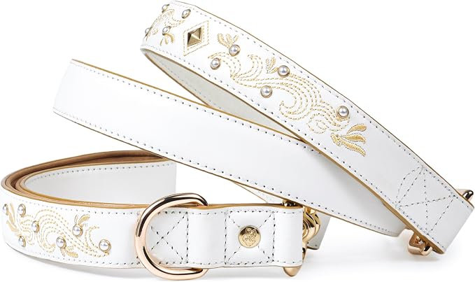 Blueberry Pet Elegant Western Luxury White Leather Dog Leash with Gold Baroque Design