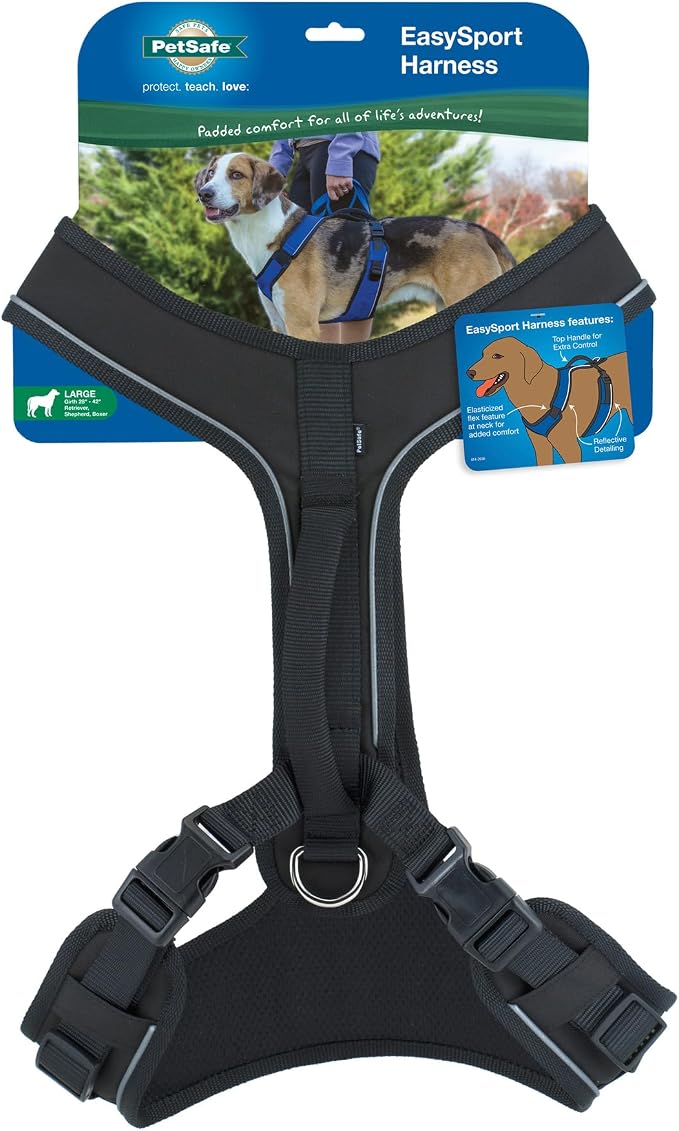 PetSafe EasySport Dog Harness, Black, Large | Padded, Elastic Neckline Harness for Active Dogs, Reflective Piping for Visibility, Top Control Handle, Rear Leash Clip