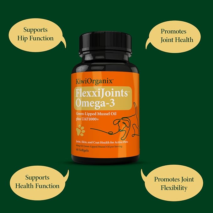 FlexxiJoints Omega-3 Hip and Joint Supplement • Green-Lipped Mussel Omega-3 Oil for Dogs • 100% New Zealand Green-Lipped Mussels (60 Softgels)
