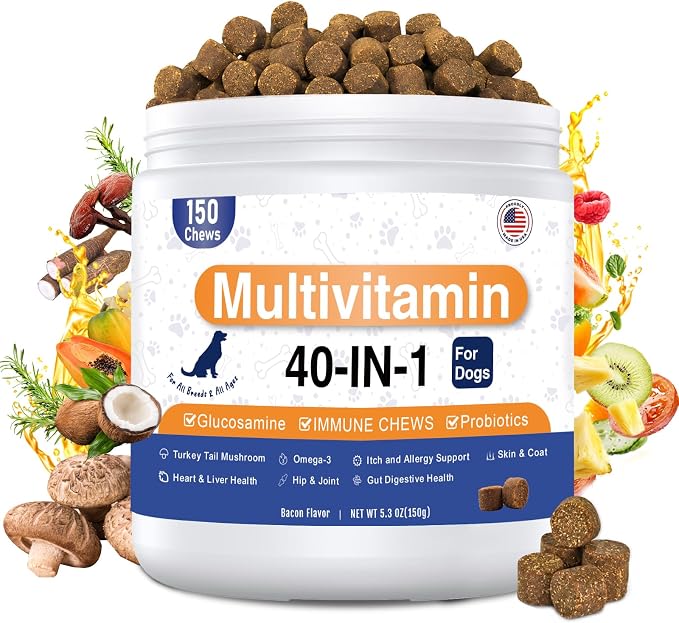 Dog Vitamins and Supplements, Dog Multivitamin Chewable with Glucosamine Probiotics Omega-3, Multivitamin for Dogs Skin Coat Heart Joint Liver Brain Eyes Immune Support, Bacon Flavor, 150 Count