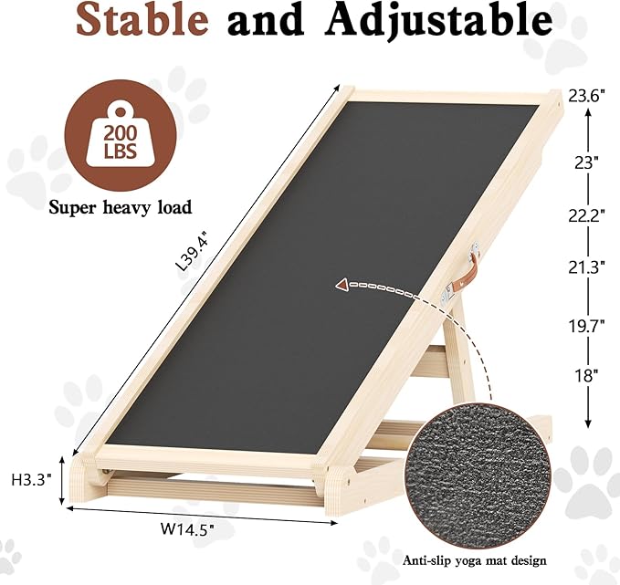 Dog Ramp for Couch, Bed, Car, Adjustable Pet Ramps 6 Height from 18" to 23.6" Wooden Dog Step with Anti-Slip Yoga Mat & Sturdy Build for Small Medium Older Pets, Supports up to 200lbs
