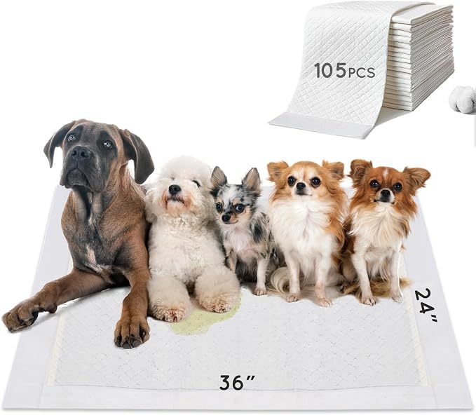 HQ4US 4LEGS Dog Pee Pads, Thick/Ultra Absorbent Puppy Dog Training Pads, Large Size 36”×24”，Odor Eliminating Gel, Deodorizing Factors, with Pet Inducer (105 Count)