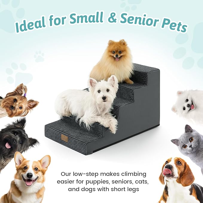 COZY KISS Dog Stairs for Small Dogs, 4 Step Pet Stairs for Beds & Couches | 15.7" H Non-Slip Dog Steps for Bed & Sofa, Gentle Incline for Puppies, Senior Cats, and Small Dogs, Charcoal Grey