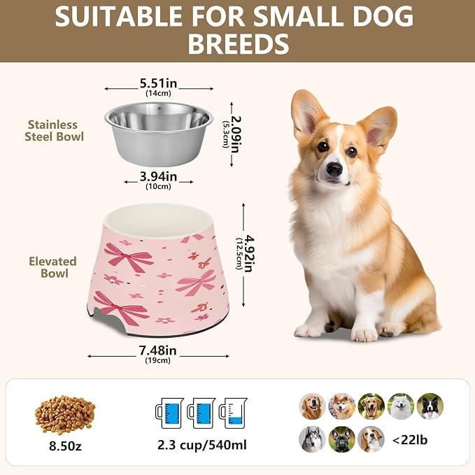 YETTASBIN Bow Pink Elevated Dog Bowls, Prevention of Vertebrae Disease Raised Dog & Cat Bowl Stand with Removable Stainless Steel Bowls, Non-Slip Spill-Proof Pet Food & Water Bowl Dish