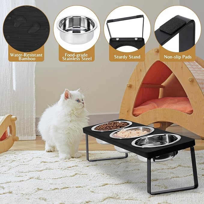 Elevated Cat Bowls for Food and Water: 15° Tilted Raised Cat Bowl Set Whisker Friendly 3 Black Stainless Steel Anti Vomiting Dishes with Stand for Indoor Kitty Kittens and Pet
