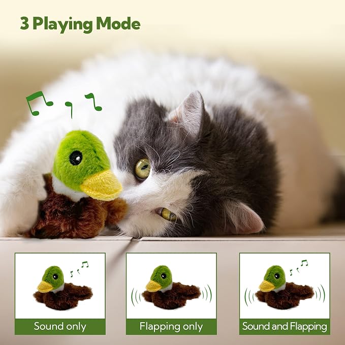Flapping Cat Toy, Motion Activated Duck with Catnip, 3 Modes & USB Rechargeable, Machine Washable Interactive Toy for Indoor Cats