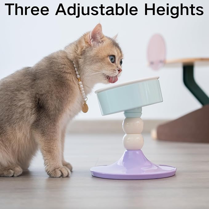 Elevated Raised Cat Pet Bowls - 15°Tilted 3 Heights Adjustable Indoor Cats Food Dish Stand, Cute Pet Water Feeder Ceramic Bowl, Neck Whisker Friendly & Anti-Vomiting Non Slip Kitten Puppy Supplies