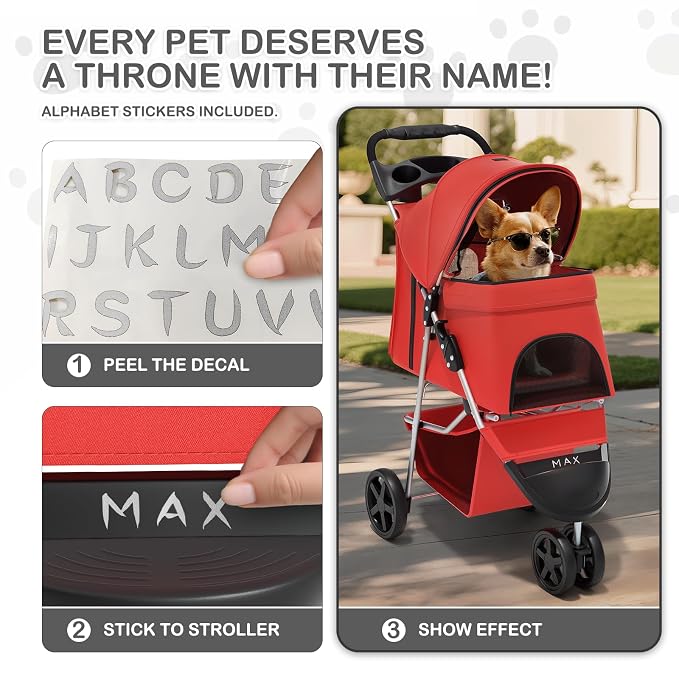 MoNiBloom 3-Wheel Foldable Pet Stroller - Red, up to 33lbs