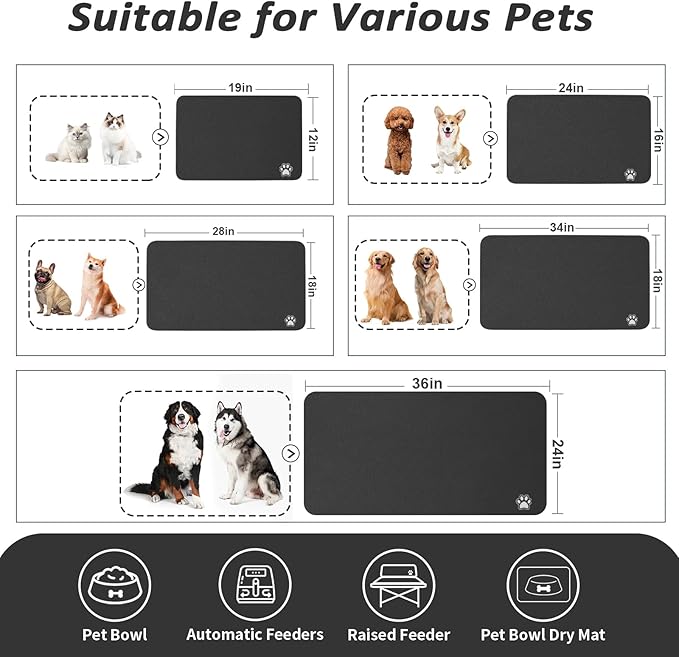 HotLive Dog Food Mat - Absorbent Cat Mat for Food and Water, No Stains Pet Feeding Bowl Mat, Easy to Clean Pet Placemats, Quick Dry Dog Water Dispenser Mat for Messy Drinkers | Paw Black 16"x 24"