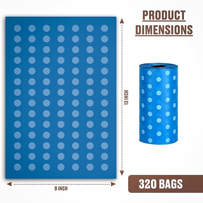 Parisian Pet Ecofriendly Dog Poop Bags Rolls - 320 Count Unscented Poop Bags For Dogs - Leakproof, Extra Thick, 16 Dog Waste Bags Refill Rolls - Polka Dot Blue Doggie Poop Bags - Fits All Dispenser
