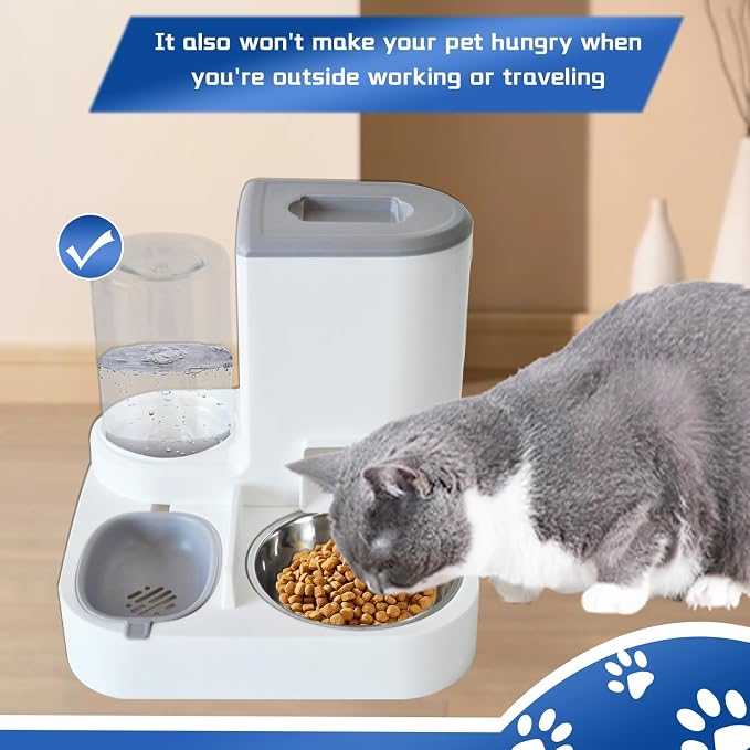 Automatic Cat Food and Water Dispenser Set 2 in 1, 2 in, Stainless Steel, Gray