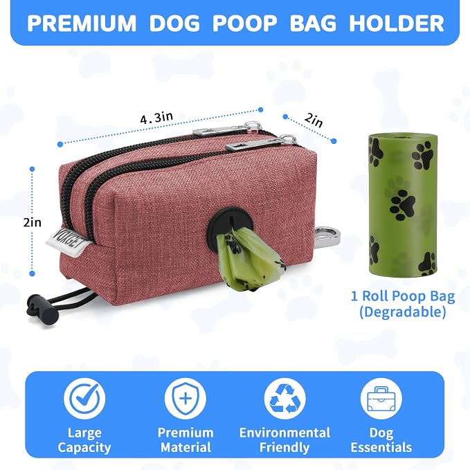 Dog Poop Bag Holder for Leashes, Dog Waste Bag Dispenser with 2 Zipper Pockets and Clip for Pets Doggy Training, Puppy Treat Pouch Carrier with 1 Roll Poop Bags for Walking Accessories (Red)