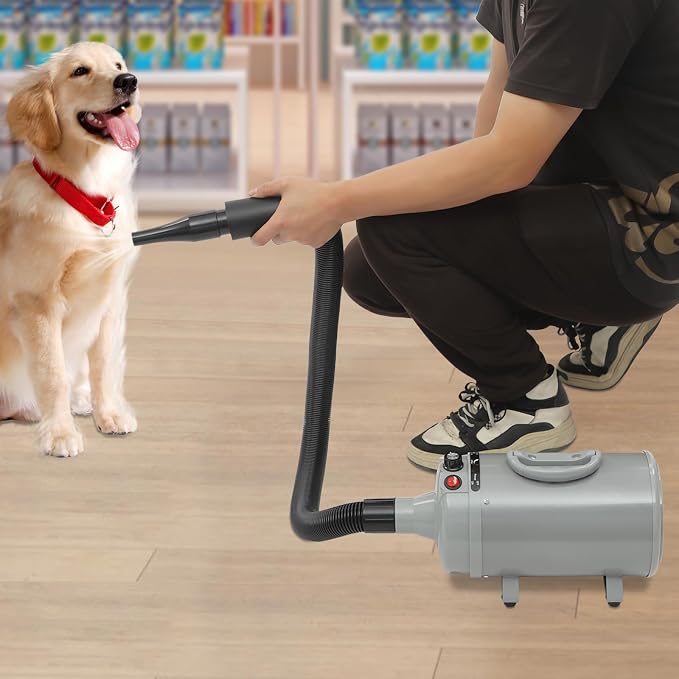 Dog Dryer, Dog Dryer for Pet Grooming, 2200W Pet Grooming High Velocity Force Blower with 4 Nozzles, Adjustable Speed and Temperature Control High Velocity Pet Blow Dryer (Gery)