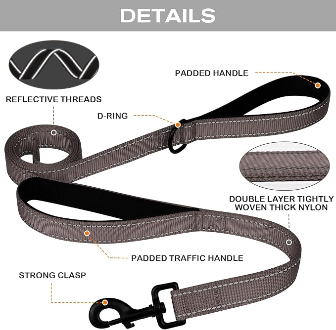 Joytale Dog Leash for Large Dogs that Pull, Double Handle, 4FT, Brown | Traffic Handle for Control, Padded Handle Reduces Hand Strain, Reflective Stitching for Night Safety, Strong Nylon Webbing