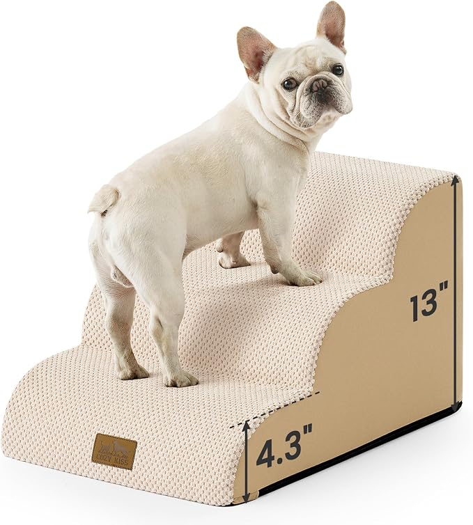 COZY KISS Dog Stairs for Small Dogs, 3 Step Pet Stairs for Beds & Couches | 13" H Curved Non-Slip Foam Dog Steps with Washable Cover for Puppies, Older Cats & Small Dogs, 15.7x19.7x13 in, Beige