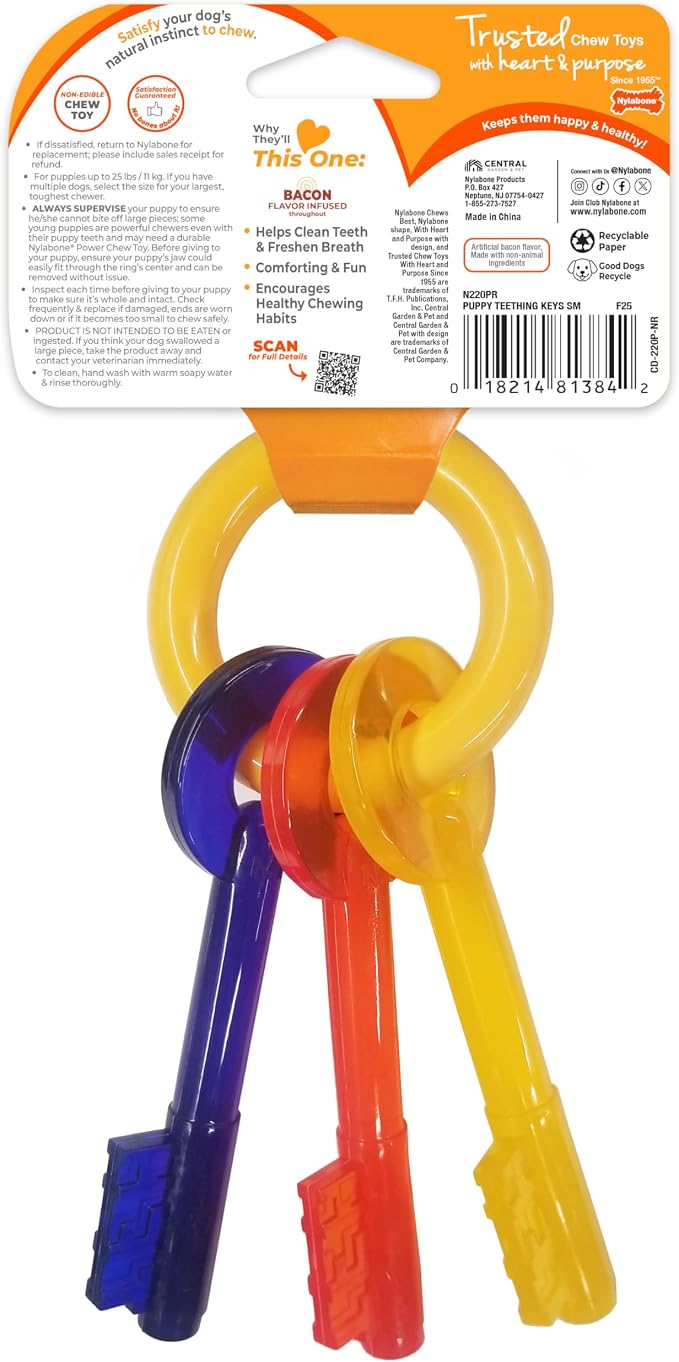 Nylabone Puppy Chew Teething Key Ring Dog Chew Toy, Bacon Flavor, Small | Medium breeds, soothing teething toys for puppies, puppy enrichment, freeze for added comfort, for puppies up to 35 lbs