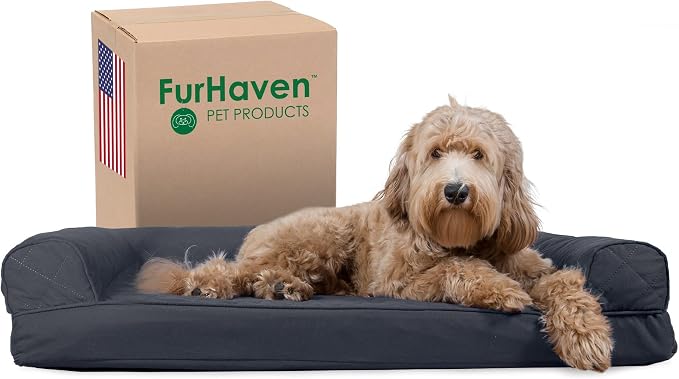 Furhaven Cooling Gel Dog Bed for Large/Medium Dogs w/ Removable Bolsters & Washable Cover, For Dogs Up to 55 lbs - Quilted Sofa - Iron Gray, Large