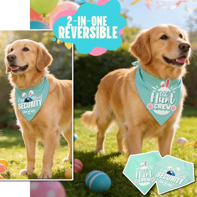 Easter 2-in-1 Dog Bandanas with Cute Egg Hunt Crew & Security Roles for Easter, Large, Medium, Green