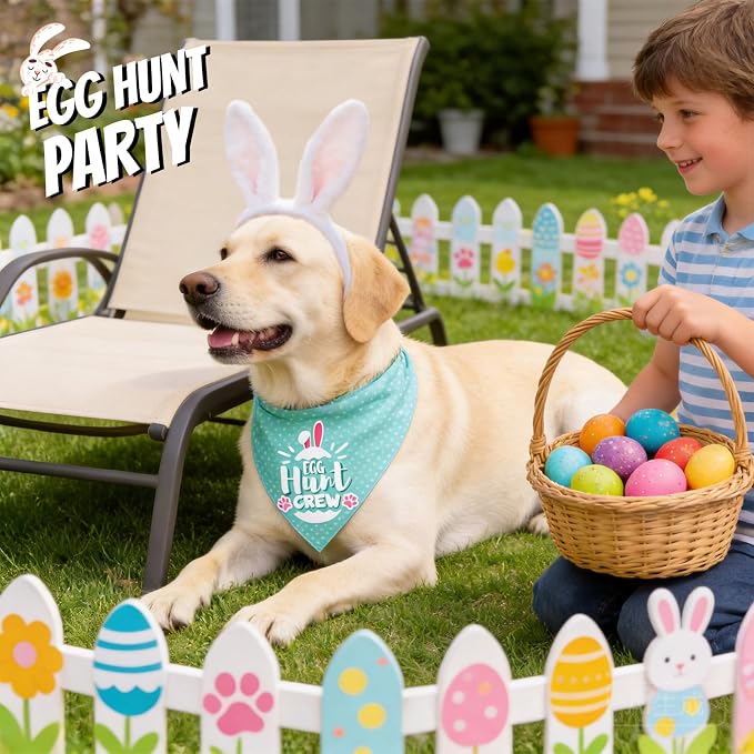 Easter 2-in-1 Dog Bandanas with Cute Egg Hunt Crew & Security Roles for Easter, Large, Medium, Green
