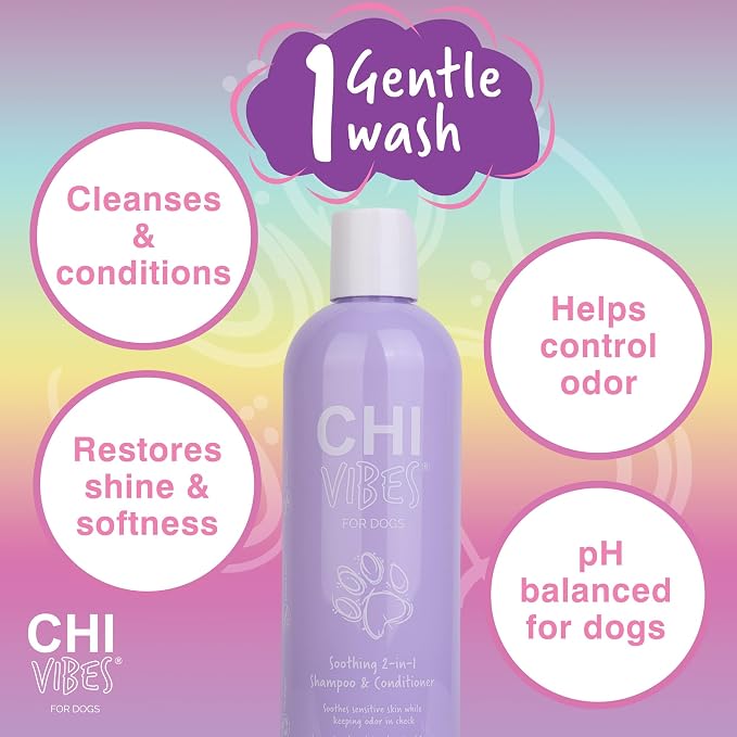 CHI Vibes for Dogs Soothing 2-in-1 Shampoo & Conditioner, 12 Oz | For sensitive skin, deodorizes, vegan formula, pH-balanced, gluten and paraben free, for puppies and adults