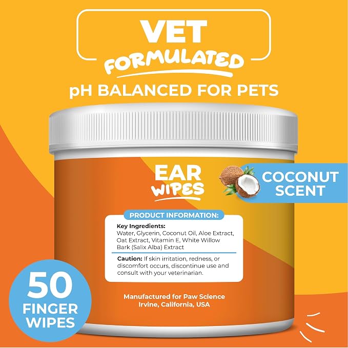 Paw Science Dog Ear Cleaner Wipes – Finger Wipes for Dogs & Cats – Cleaning, Soothing, & Deodorizing Itchy Ears – Pet Ear Relief Solution (Coconut)