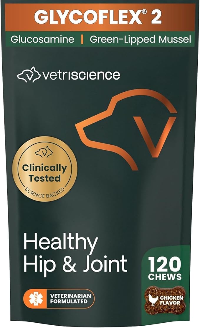 VetriScience Healthy Hip & Joint Chews, GlycoFlex Glucosamine and Green-Lipped Mussel Joint Support Supplement for Dogs, Promote Mobility and Protect Joints, Chicken, 120 Count