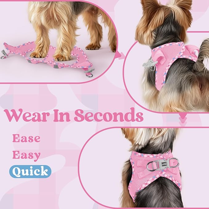 rabbitgoo Step-in Small Dog Harness, Puppy Vest for Small Sized Pet | Easy Put on and off, Lightweight, Soft, Breathable Quick-Dry Air Mesh for Comfortable Secure Walking, Pink & Plaid Trim XS