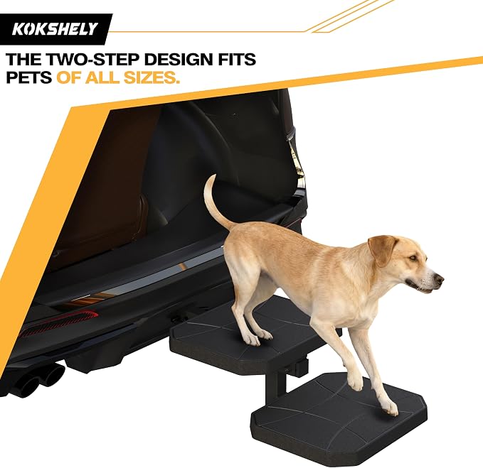 Dual-Step Foldable Pet Hitch Step, Foldable Two-Tier Flip-Out Dog Stairs Fits 2" Hitch Receiver, Dog Ramp Steps for Car, Truck & SUV Hitches, Heavy-Duty Alloy Frame & HDPE Non-Slip Surface