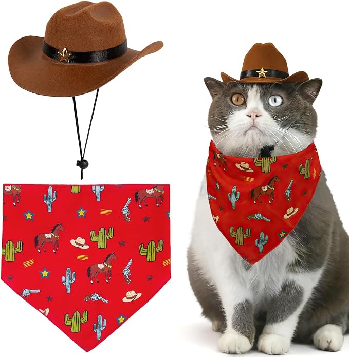 HOWWFALY Pet Cowboy Costume Set Dog Halloween Costumes Cat Cowboy Hat & Bandana Scarf, Small, Small, Red