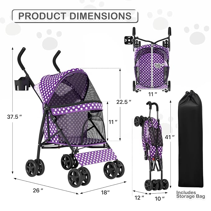 MoNiBloom 4-Wheel Foldable Pet Stroller - Purple Polka Dots