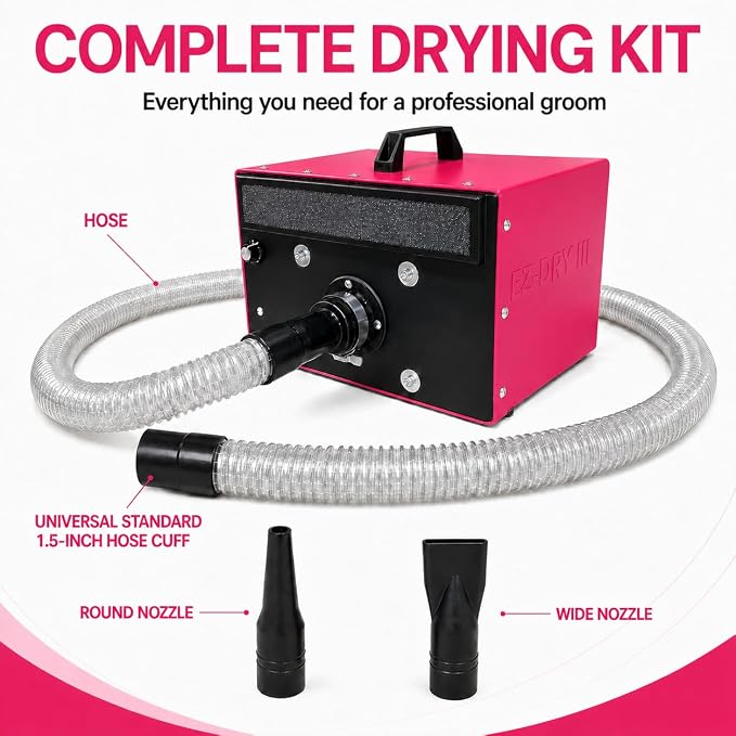 EZ-Groom EZ-Dry III High Velocity Dog Blow Dryer, Dual Motor, Pink | Variable Speed for Professional Pet Grooming, Lightweight, Quiet, 9ft Heat-Resistant Hose, Air Concentrator, Water Peeler