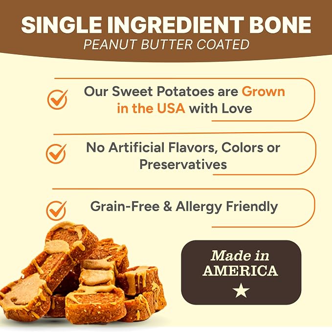 Gaines Family Farmstead Peanut Butter Coated Sweet Potato Dog Bones – 8 oz Bag, Grain-Free, Chewy, Natural Dog Treats for Digestion, Skin, Energy & Immunity – Limited Ingredient, Made in USA