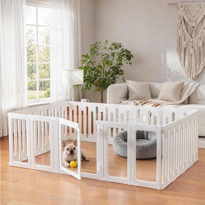 Acrylic Dog Playpen Indoor, Puppy Play Pen DIY Easy Assemble, Flexible Shape Dog Pen with Plastic Fence, Pet Exercise Pin for Small Animals (24''Tall, 19 Panels)