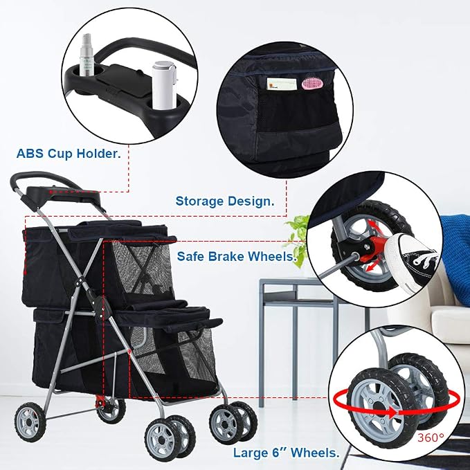 BestPet 4-Wheel Foldable Pet Stroller - Black, Fits 2 Pets