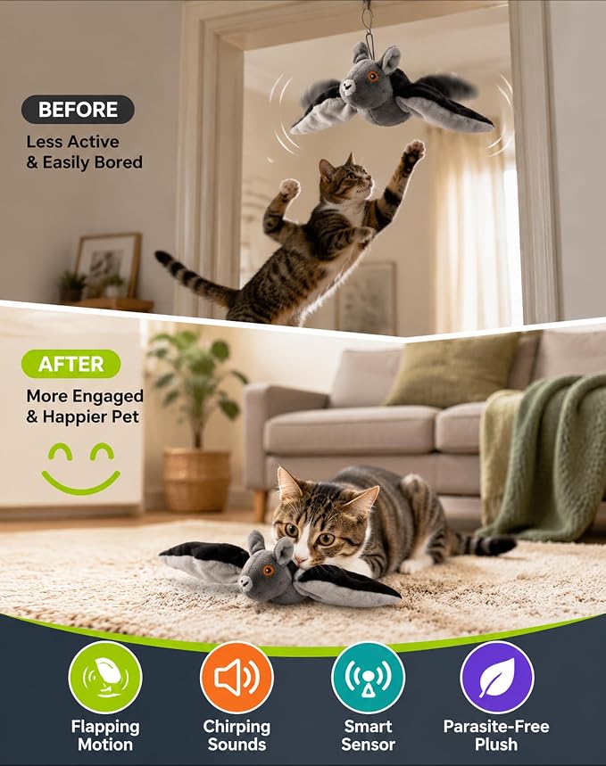 Wild Paws Flying Bat Dog Toy,Wild Whisker Flying Bat with Pet Hair Removal Glove, Rechargeable Motion Activated Dog & Cat Toy for Indoor Outdoor Play