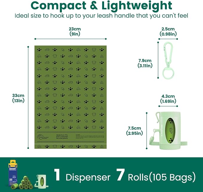 Dog Poop Bags Rolls with Retractable Poop Bag Holder, Leak Proof and Extra Thick Lavender Pet Waste Bags, 70% Recycled GRS Certified, 1 Dispenser and 105 Bags for Doggy Walking & Cat Litter