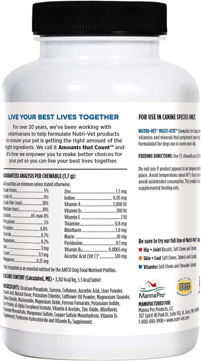 Nutri-Vet Dog Multivitamin, Daily Multivitamin for Dogs, 180 Count | Daily Multivitamin, Dog Vitamins, Dog Vitamins & Supplements, Immune Support, Balanced Nutrition, Overall Pet Health